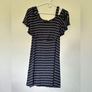 Lush blue dress white stripe ruffle top jersey dress S